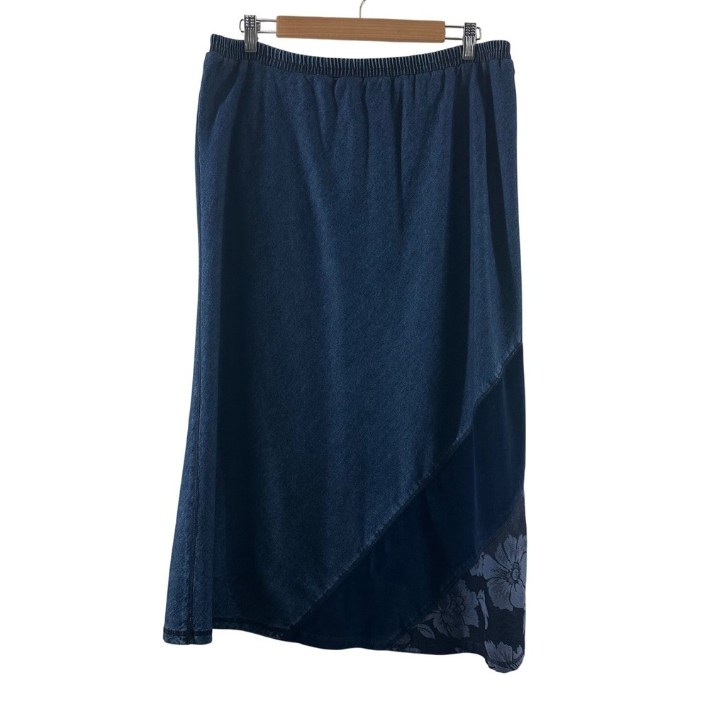 Marsha‎ Sport Women's Blue Denim Midi Skirt Cotton Elastic Velvet Floral Trim L